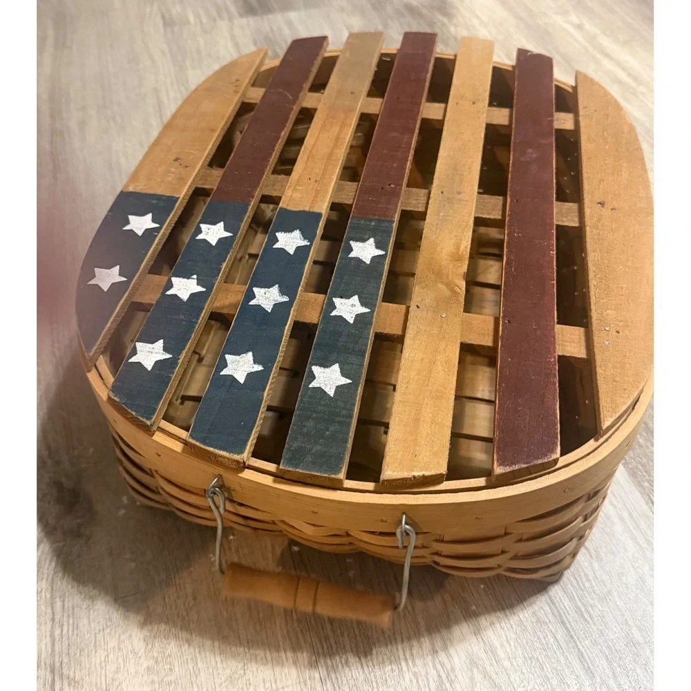 Americana Wooden Picnic Basket Hand Painted American Flag Patriotic Decor 17in